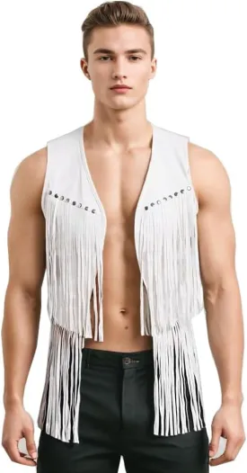 ZUYPSK Men's Open Front Tassels Vest Sleeveless Western Cowboy Waistcoat Halloween Club Party Jacket Outerwear