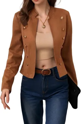 ZWRXW Women's Cropped Long Sleeve Blazers Double Breasted Slim Fit Solid Suit Jacket Fall Winter Stand Collar Blazer Outwear