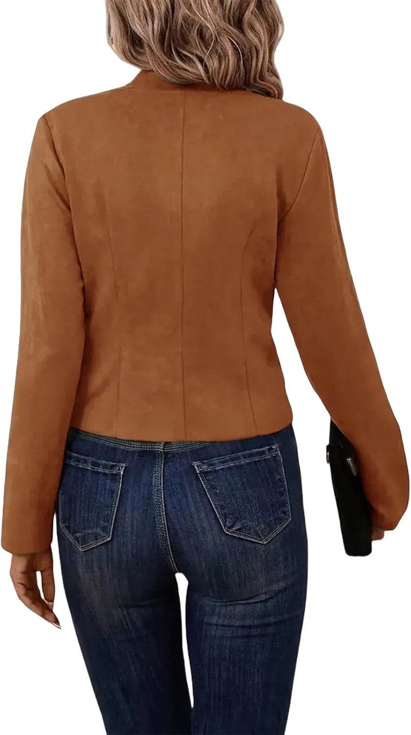 ZWRXW Women's Cropped Long Sleeve Blazers Double Breasted Slim Fit Solid Suit Jacket Fall Winter Stand Collar Blazer Outwear