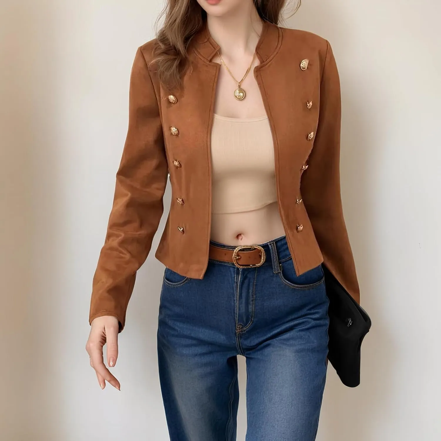 ZWRXW Women's Cropped Long Sleeve Blazers Double Breasted Slim Fit Solid Suit Jacket Fall Winter Stand Collar Blazer Outwear