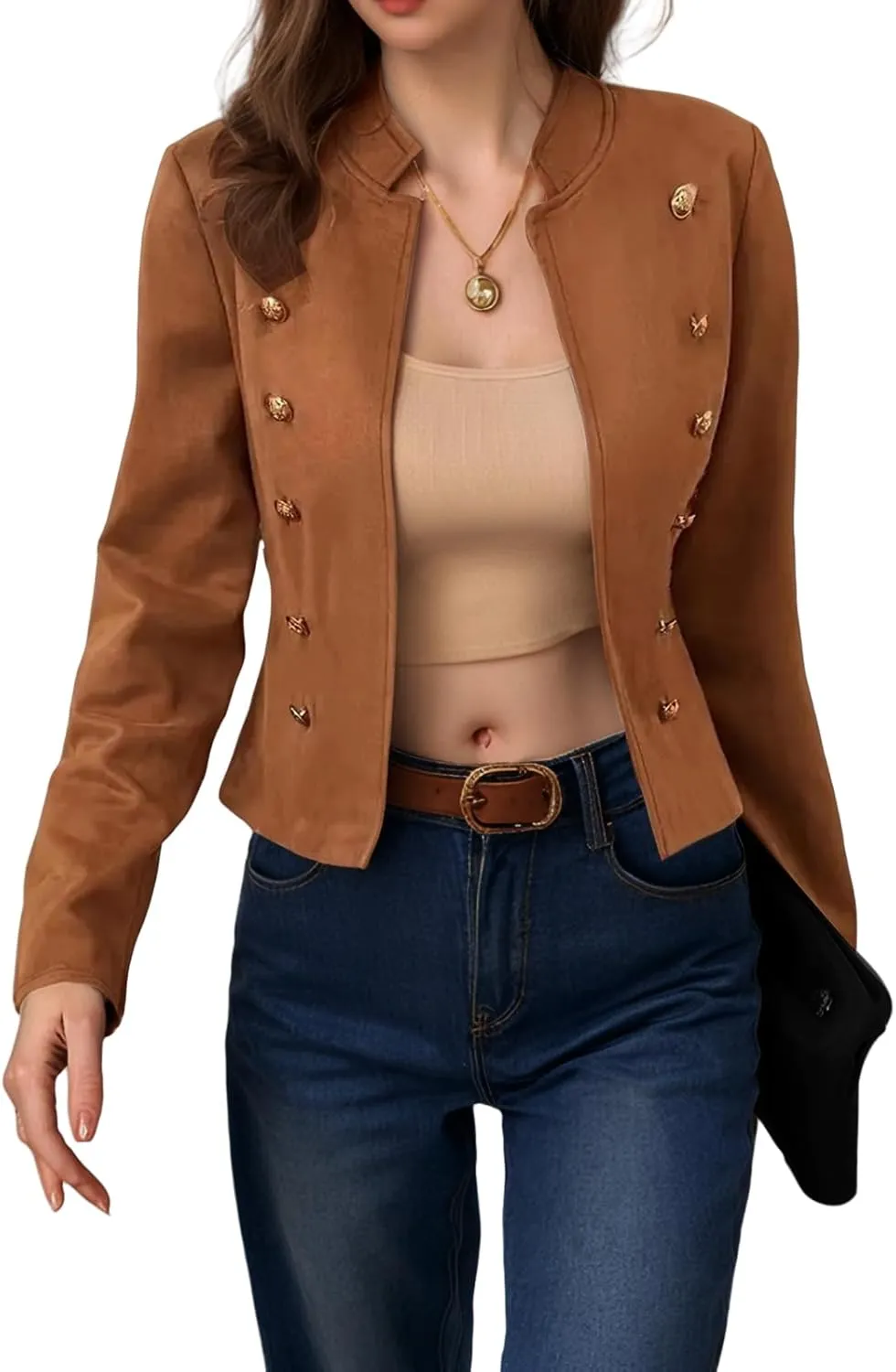 ZWRXW Women's Cropped Long Sleeve Blazers Double Breasted Slim Fit Solid Suit Jacket Fall Winter Stand Collar Blazer Outwear